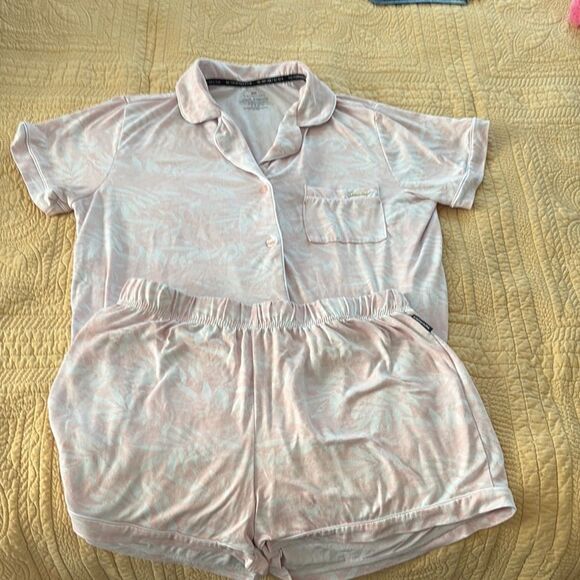 Pink and White Floral Cotton Pajama Set. Button top with elastic waist shorts. - Picture 1 of 6